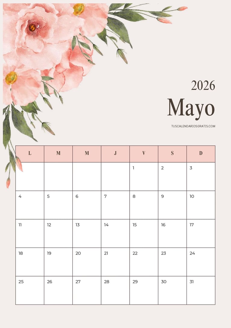 calendario mayo 2026 floral flores rosas bonito para imprimir pdf organización planificación mensual