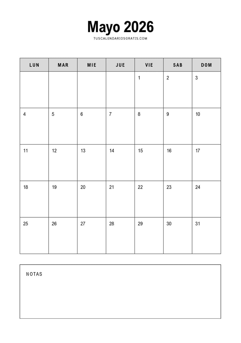 calendario mayo 2026 minimalista con espacio para notas para imprimir