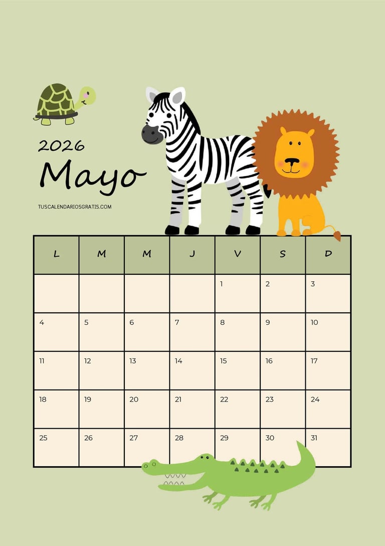 calendario mayo 2026 para niños animales de la selva imprimir pdf gratis