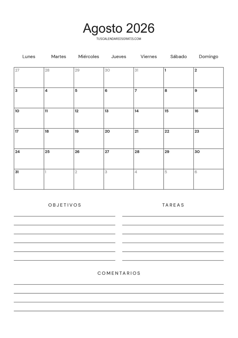 Calendario agosto 2026 minimalista para imprimir gratis con espacio para objetivos, tareas y planifi