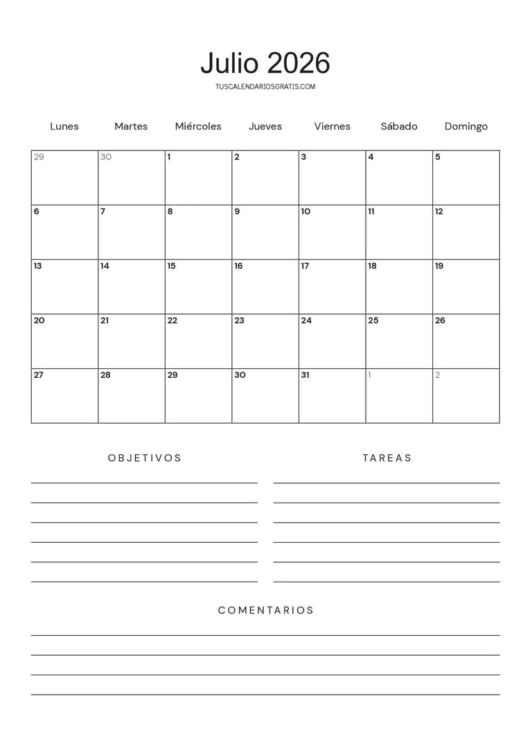 calendario julio 2026 minimalista para imprimir con objetivos y tareas diseño limpio organización me