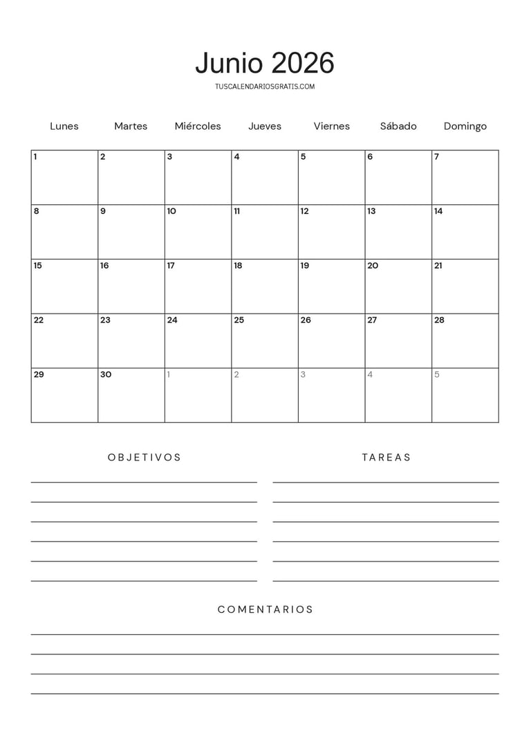 calendario junio 2026 minimalista para imprimir con espacios para objetivos tareas y comentarios org