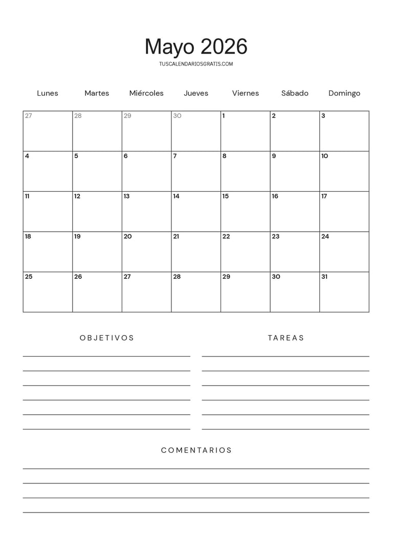 Calendario de mayo minimalista para imprimir (especial productividad)