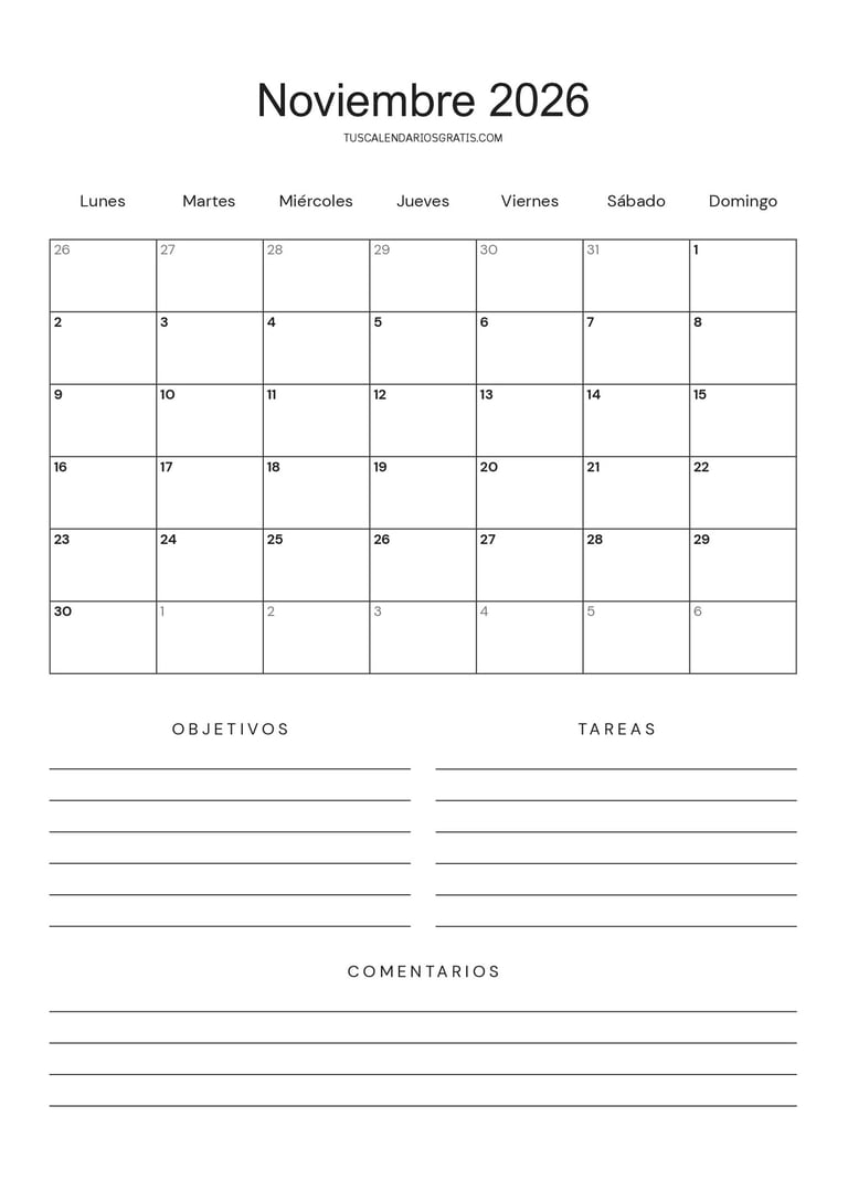 Calendario noviembre 2026 minimalista especial objetivos para imprimir gratis en tamaño A4 con diseñ