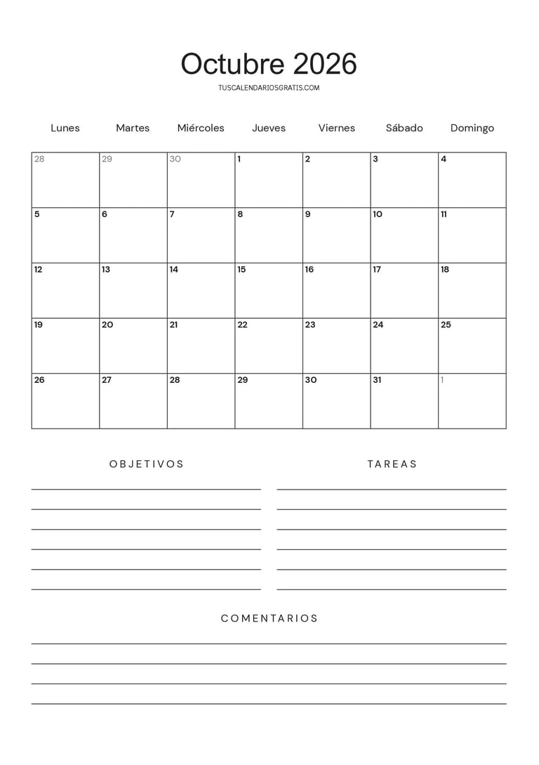 Calendario octubre 2026 minimalista para imprimir gratis con espacio para objetivos, tareas y organi