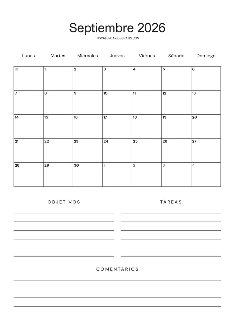 Calendario septiembre 2026 minimalista para imprimir gratis con espacio para objetivos, tareas, orga