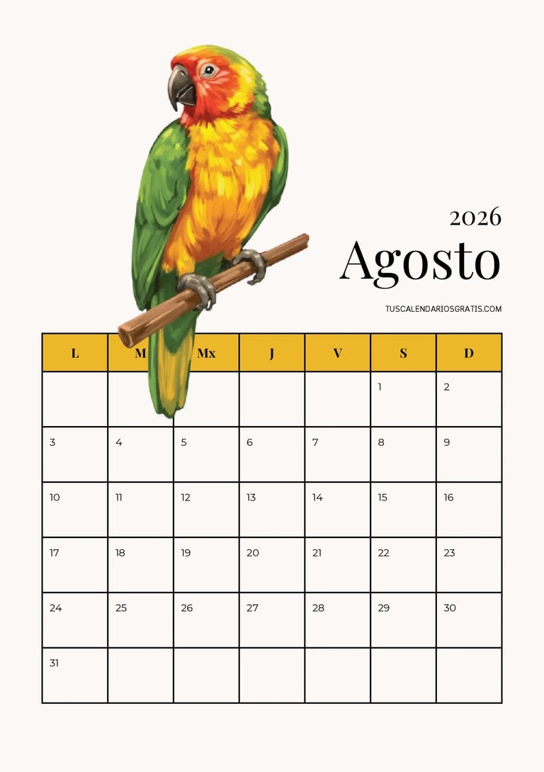 Calendario mensual agosto 2026 para imprimir gratis con ilustración de guacamayo tropical y diseño o