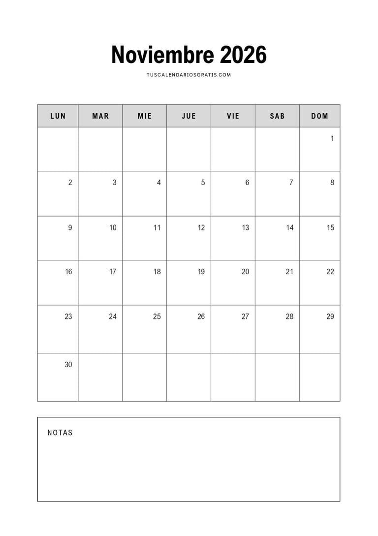 Calendario noviembre 2026 minimalista para imprimir gratis en diseño limpio y elegante ideal para or