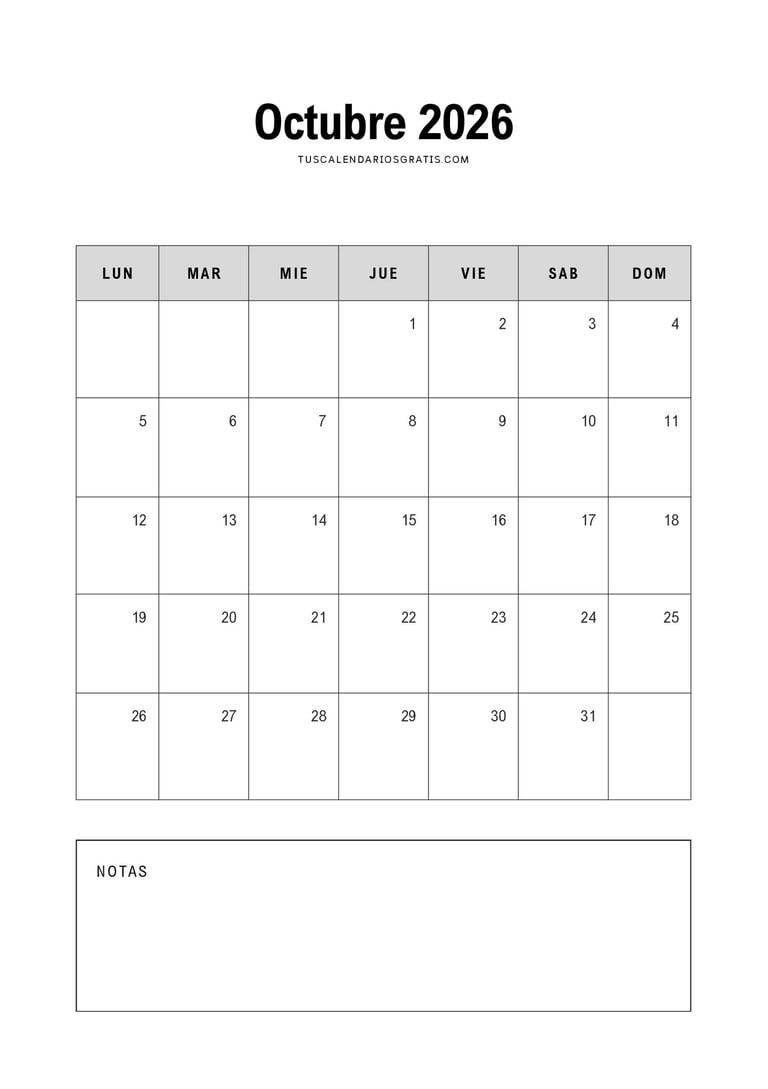 Calendario octubre 2026 minimalista para imprimir gratis en formato mensual organizado y elegante