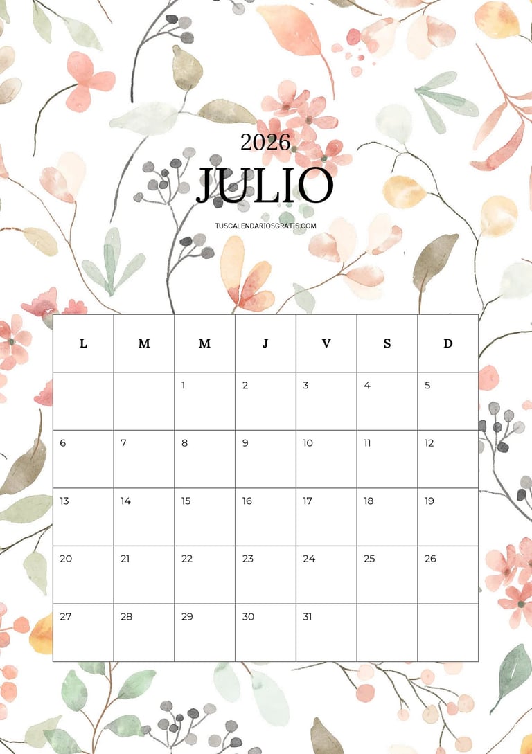 Calendario julio 2026 floral bonito imprimible