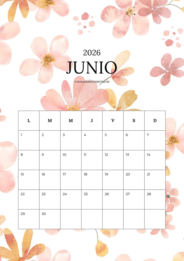 Calendario junio 2026 floral imprimible bonito