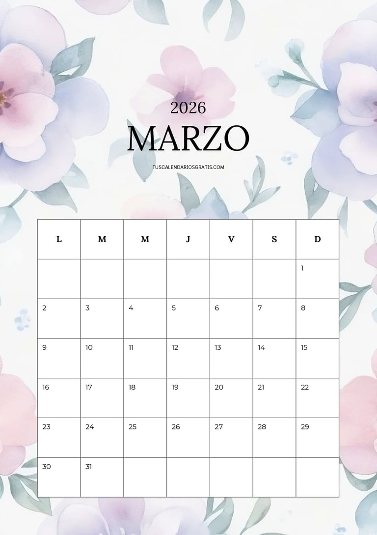 Calendario mensual marzo 2026 floral bonito vertical imprimible