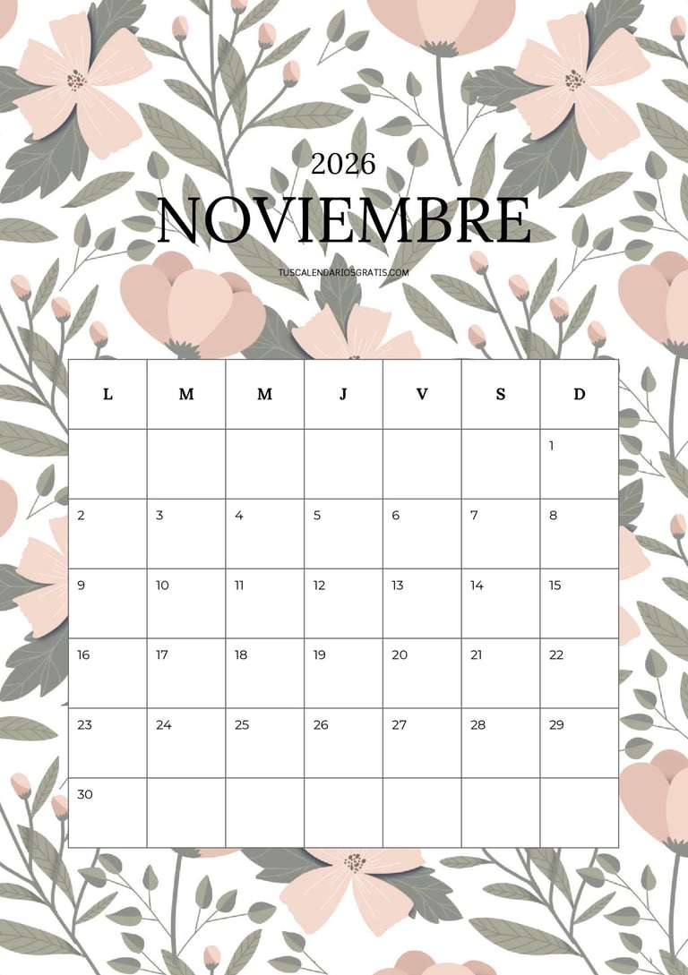 CAlendario noviembre 2026 floral bonito para imprmir gratis 