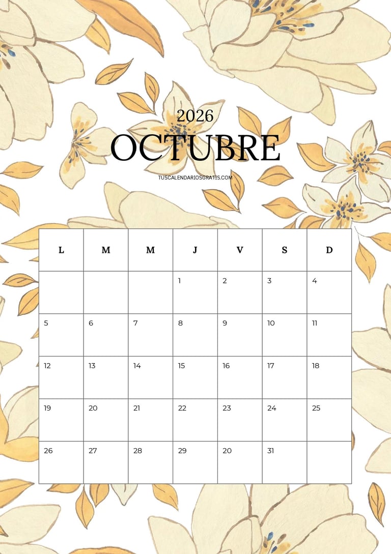 Calendario octubre 2026 floral imprimible bonito gratis