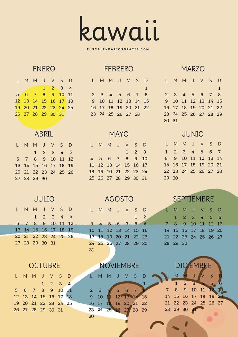 calendario kawaii con fondo colorido y original y capibara 