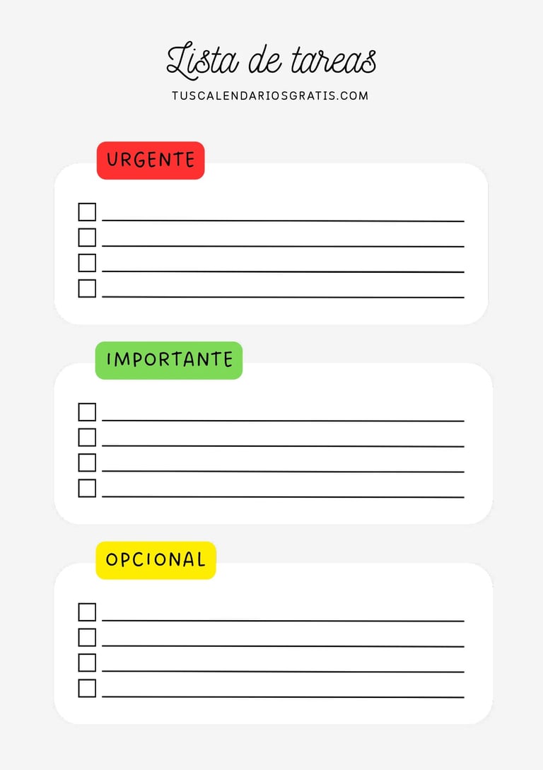Lista de tareas por prioridades para imprimir con apartados de tareas urgentes, importantes y opcion