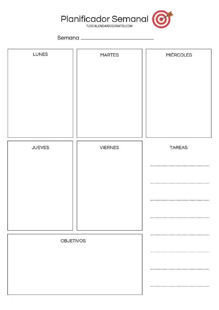 Planificador semanal de lunes a viernes A4 vertical con sección de objetivos y lista de tareas impri