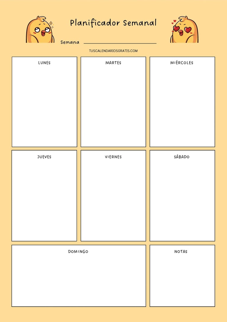 Planificador semanal kawaii amarillo para imprimir con pajaritos adorables diseño divertido