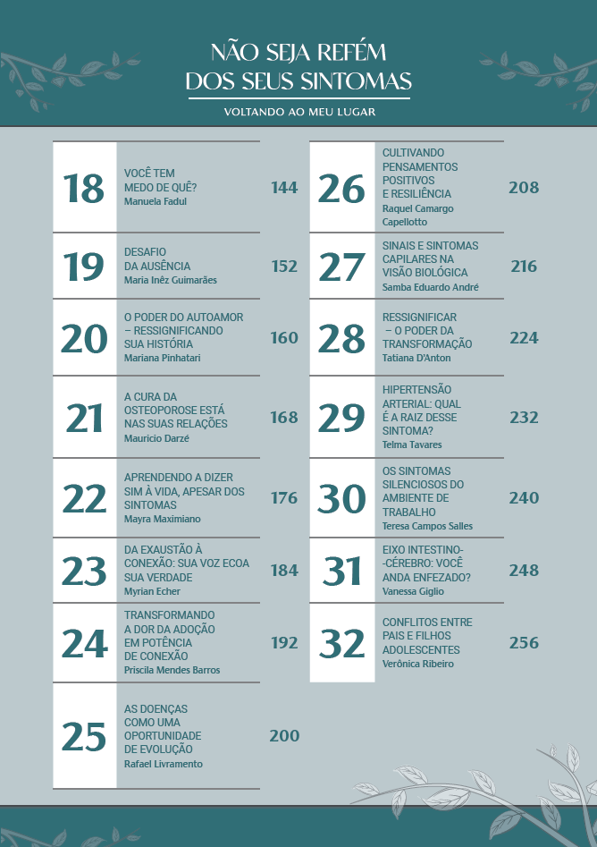 Table of contents for a holistic health book titled Não Seja Refém dos Seus Sintomas listing chapters and authors.