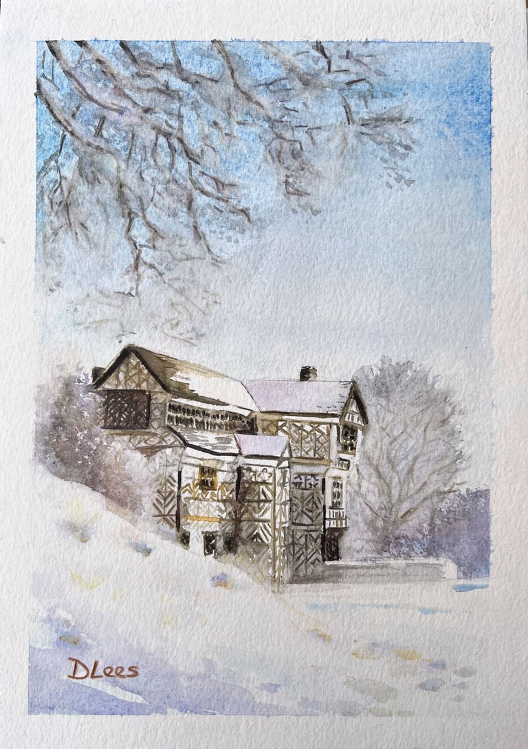 Watercolour snow scene of Mossley Hall