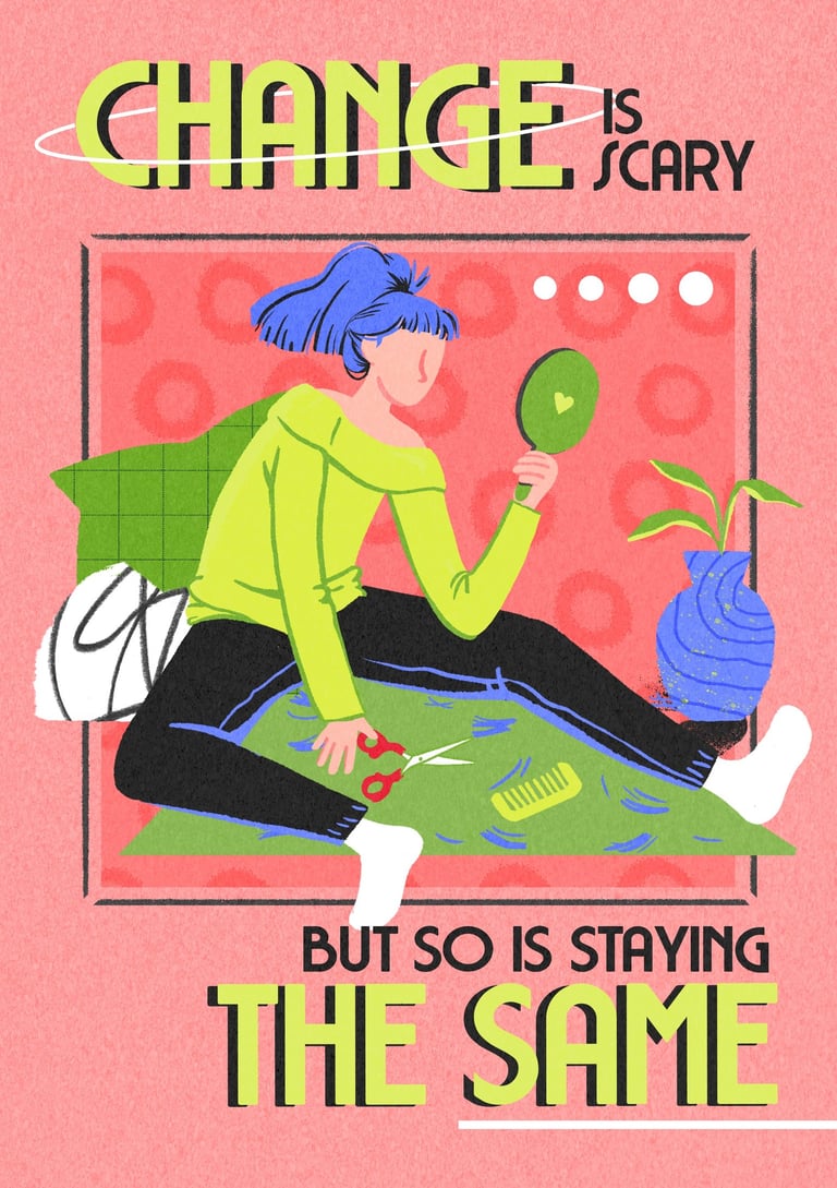 a woman sitting on a rug with a mirror in the hand, cutting her hair