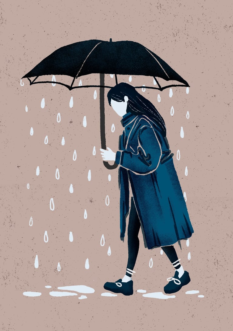 a woman n a blue coat holding an umbrella that rains inside 