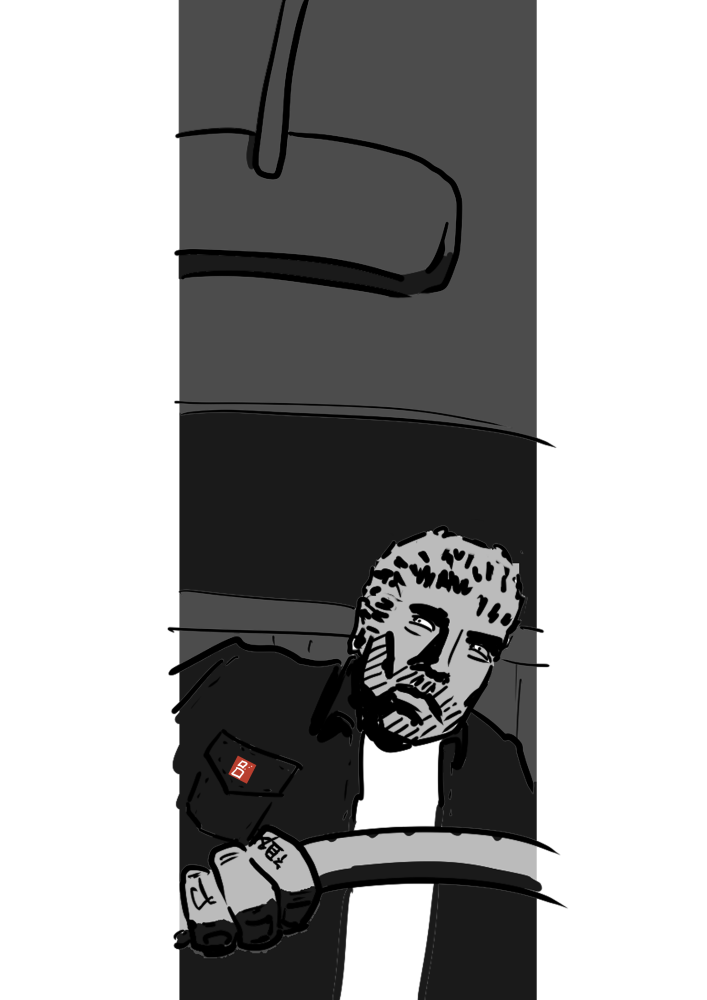 Wayne kijkt gespannen in achteruitkijkspiegel, zwart-wit noir graphic novel print.