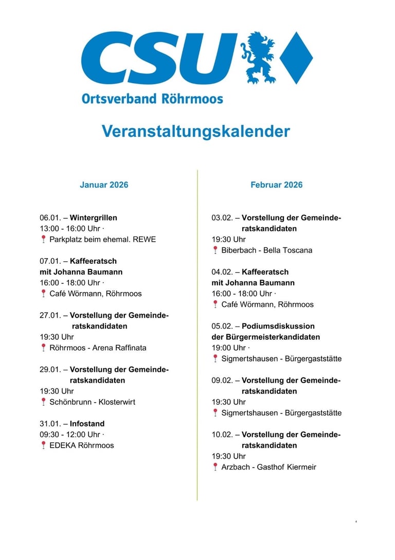 Übersicht der Veranstaltungen im Januar & Februar