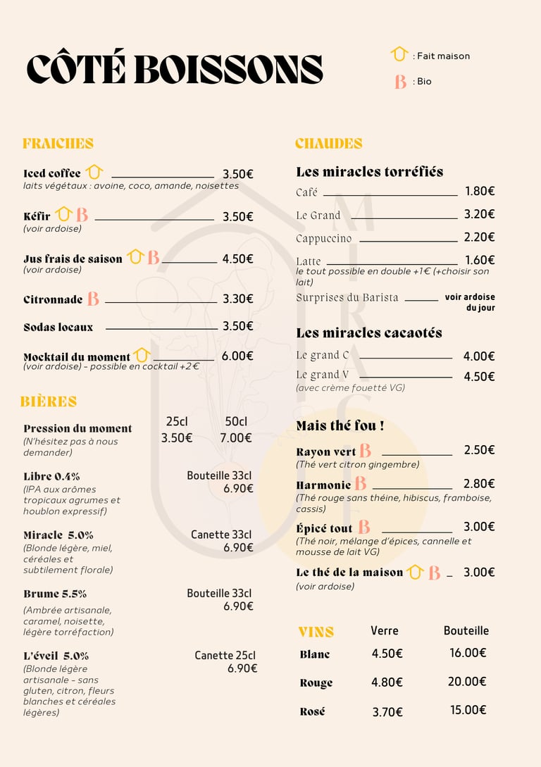 Carte boisson Ô Miracle bistro végétal