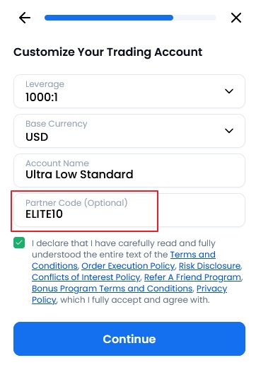 change xm global IB to partner code ELITE10
