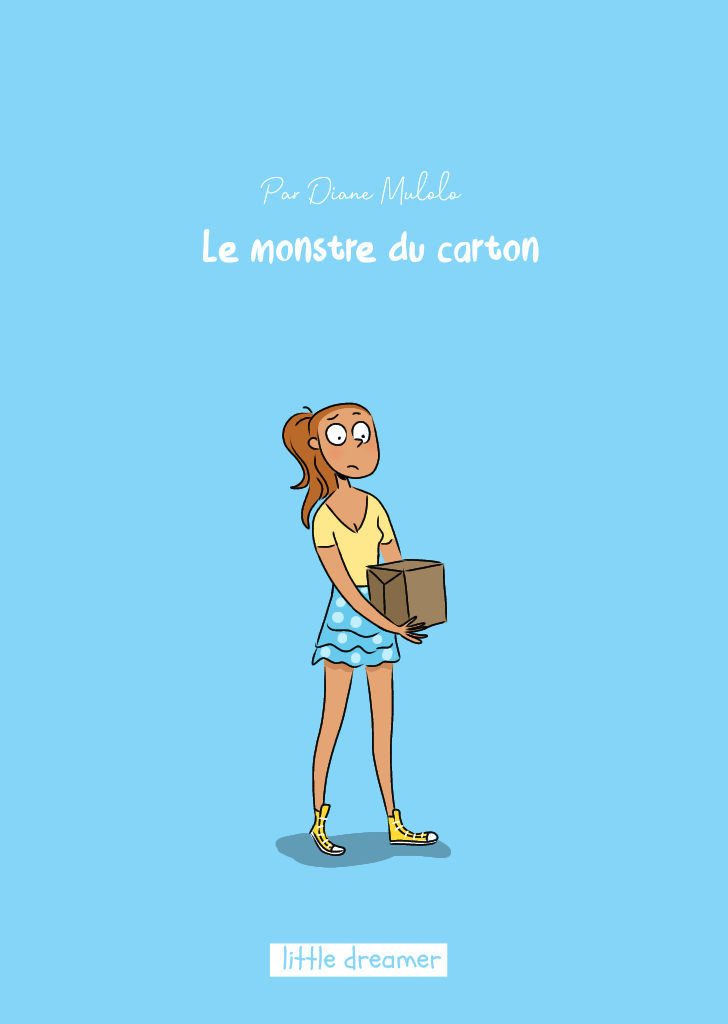 Le monstre du carton. A woman holding a box in front of a blue sky. Cover book. Diane Mulolo Faida