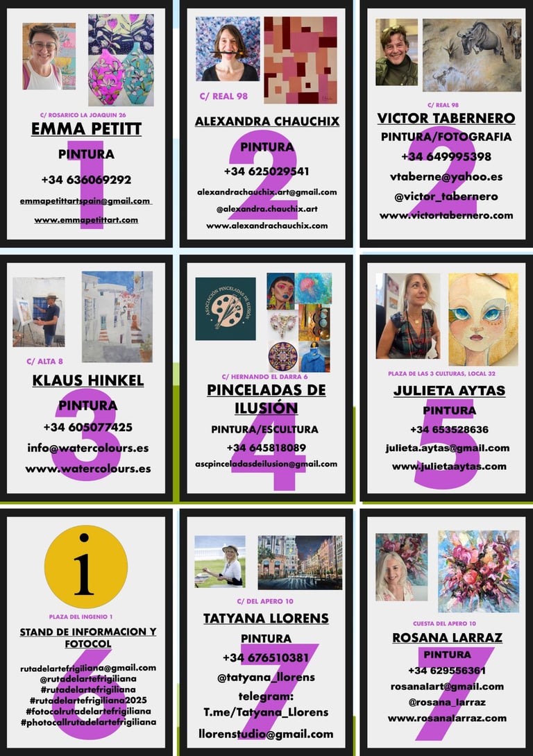 The image shows artists, the location where their work is shown and their contact details.