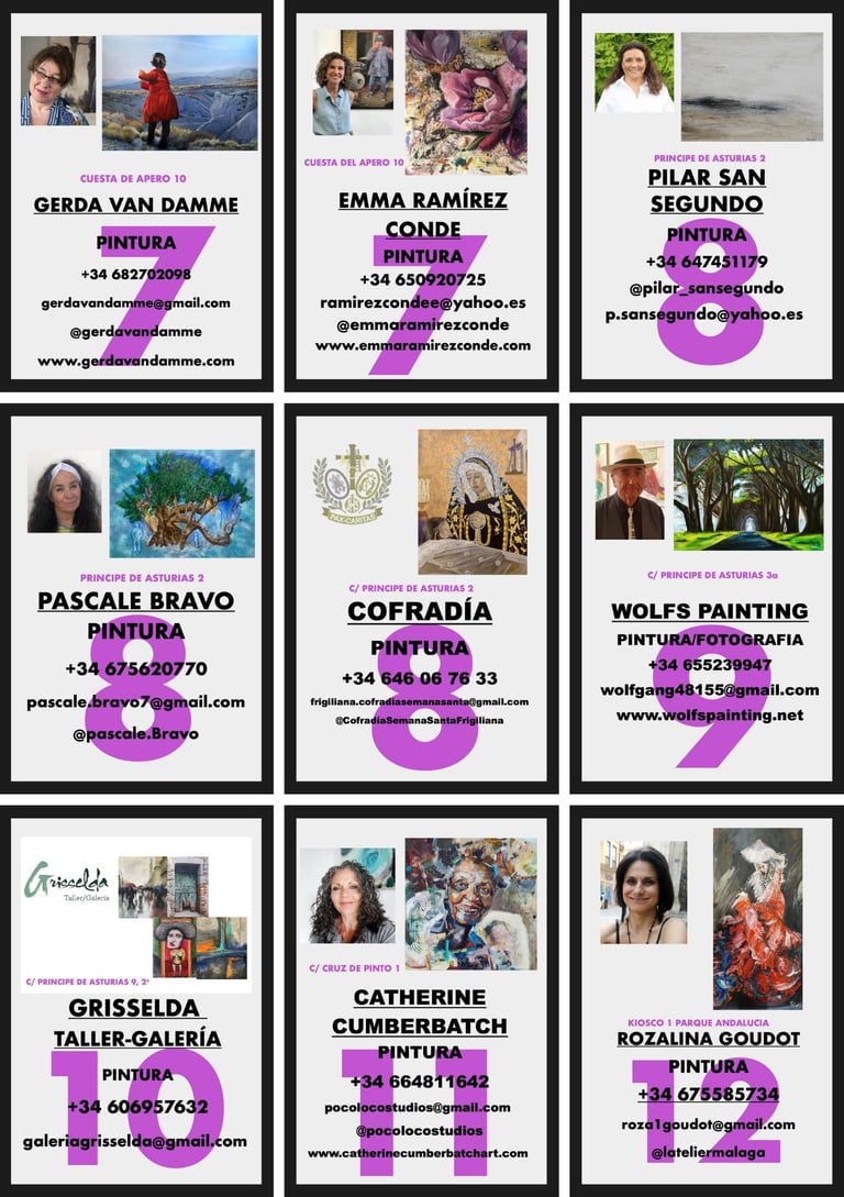 The image shows artists, the location where their work is shown and their contact details.