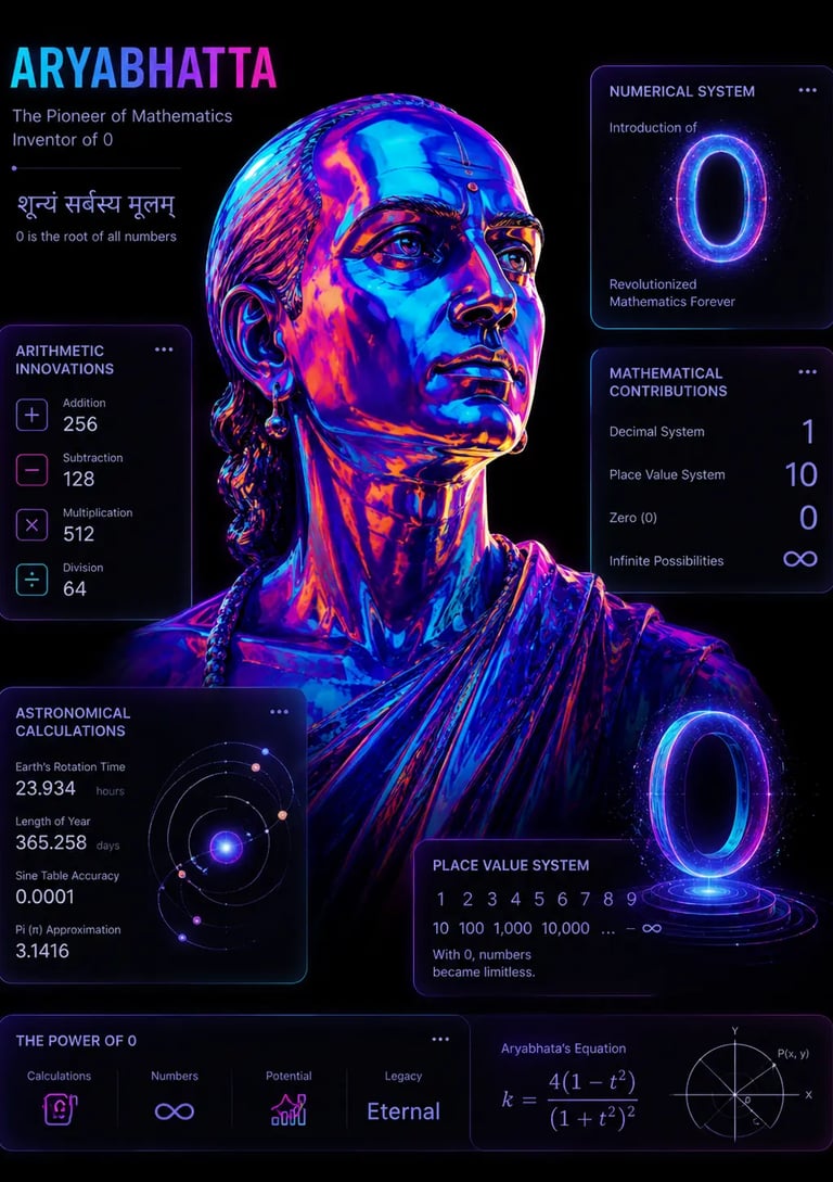 Infographic of ancient mathematician Aryabhatta with neon visuals showcasing his inventions like zero and the decimal system.