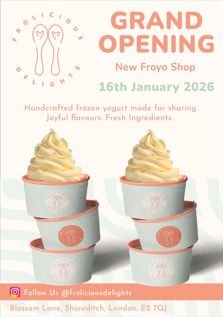 Frolicious Delights grand opening launch leaflet design — front