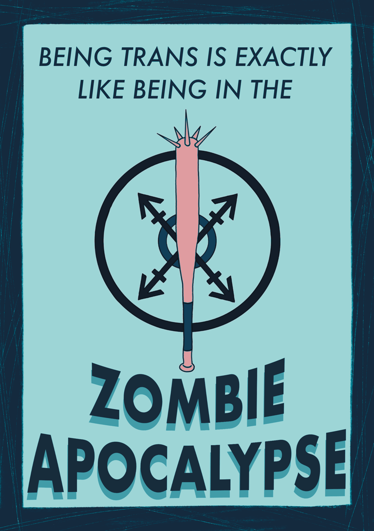 A comic cover shows spiked baseball bat illustration, text says, 'being trans is exactly like being in the zombie apocalypse'