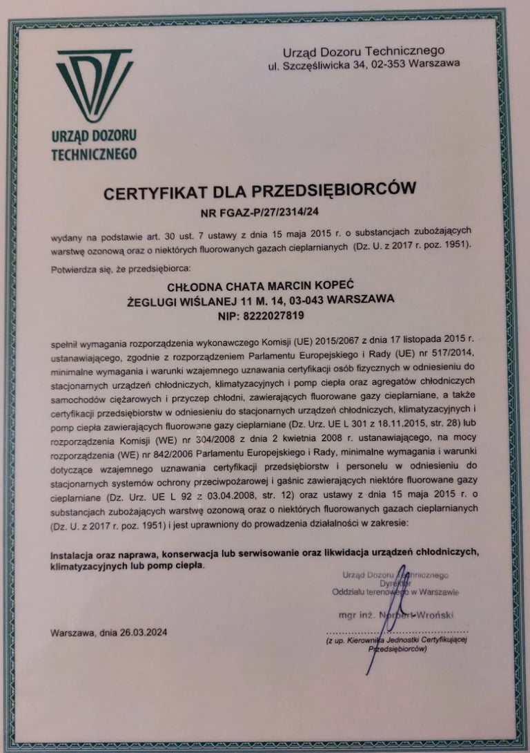 Certyfikat uprawniający do instalacji, naprawy, konserwacji i serwisowania urządzeń klimatyzacyjnych