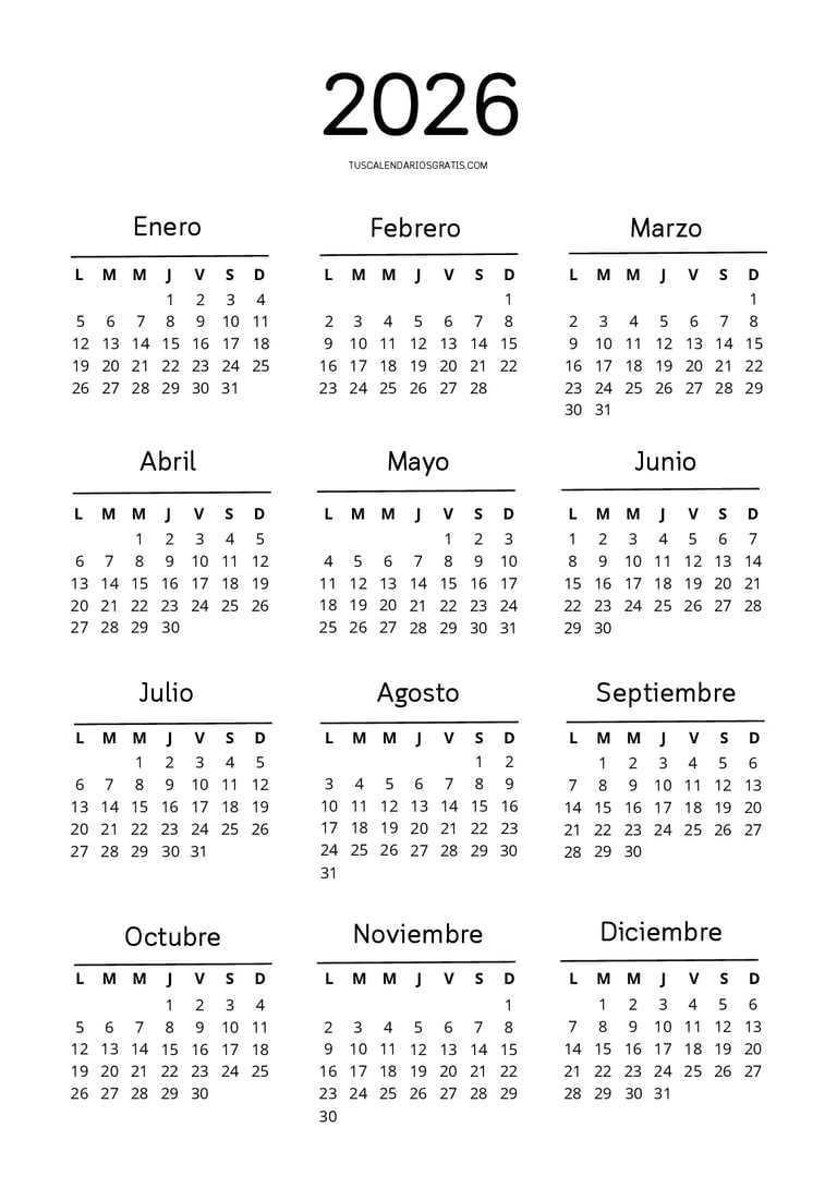 calendario anual 20026 minimalista Cloud Soft para imprimir en pdf tamaño A4 vertical