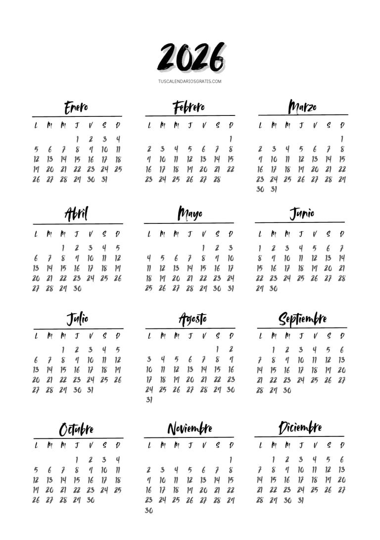 Calendario anual 2026 minimalista Avallon para descargar gratis en PDF