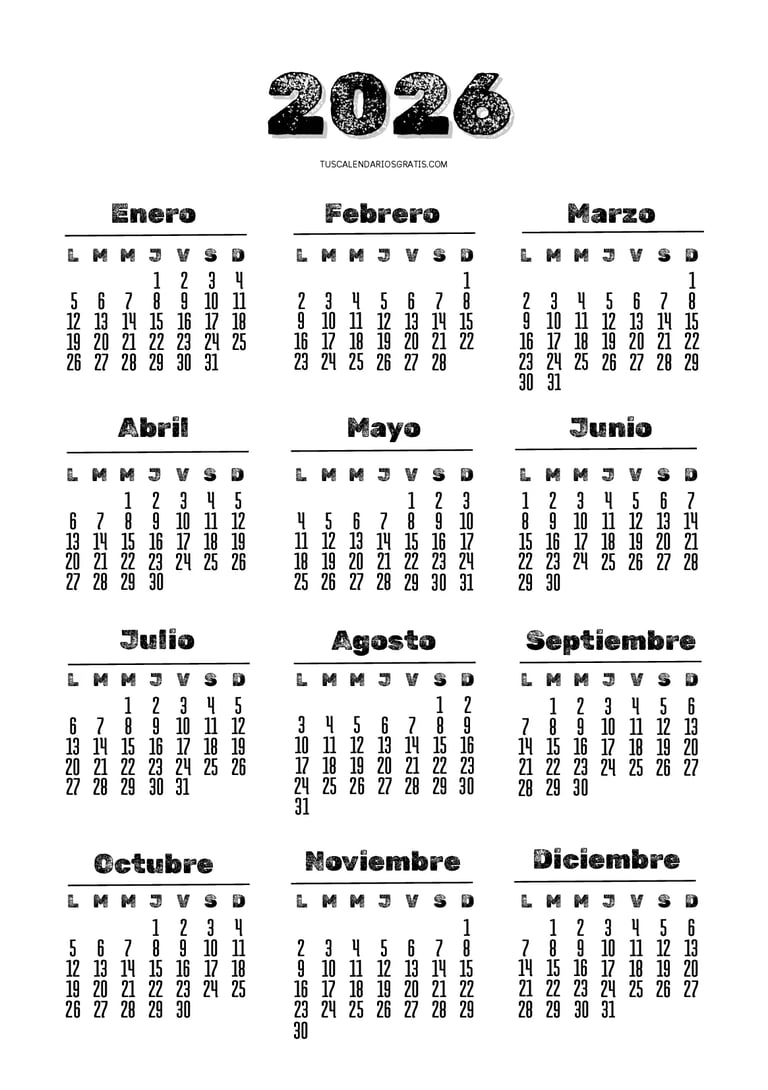 Calendario anual 2026 minimalista Rubik para imprimir en formato PDF