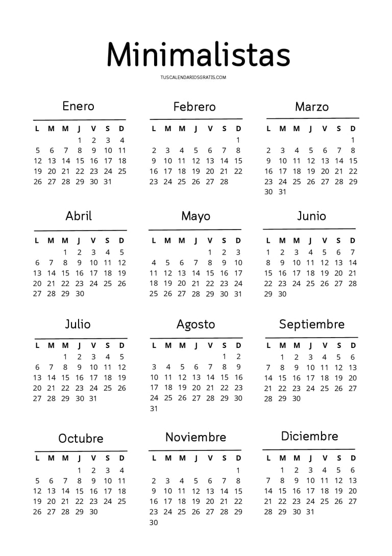 Calendario minimalista diseño limpio en blanco y negro sin distracciones