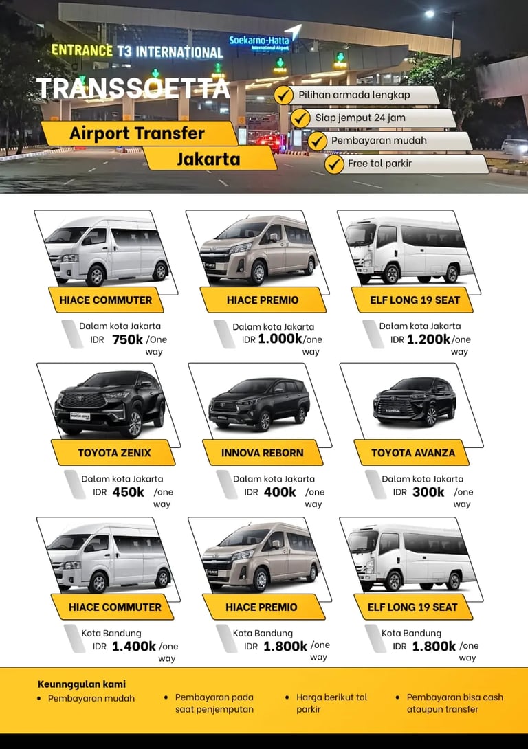 Brosur daftar harga layanan airport transfer ke berbagai wilayah tujuan.