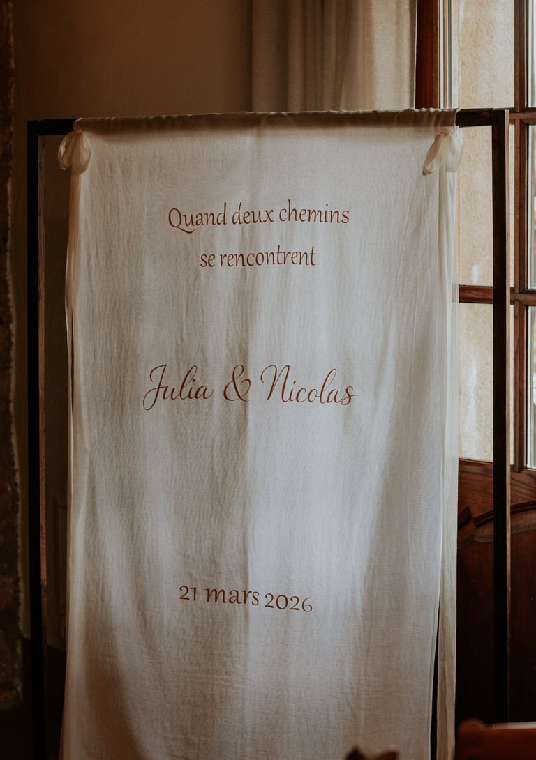 panneau d'accueil sur tissu en coton personnalisé mariage var