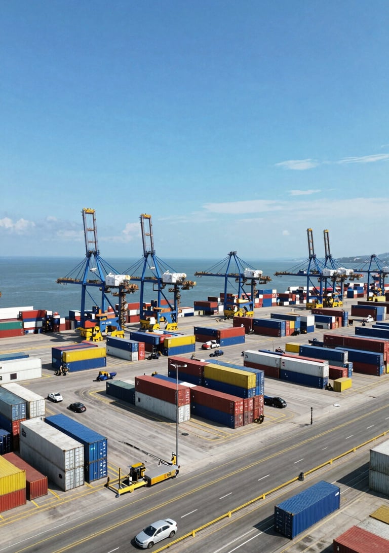 Aerial view of a modern port in Manzanillo with organized shipping containers, clear daylight, wide-angle shot, industrial blue and yellow tones, low horizon, expansive sky.