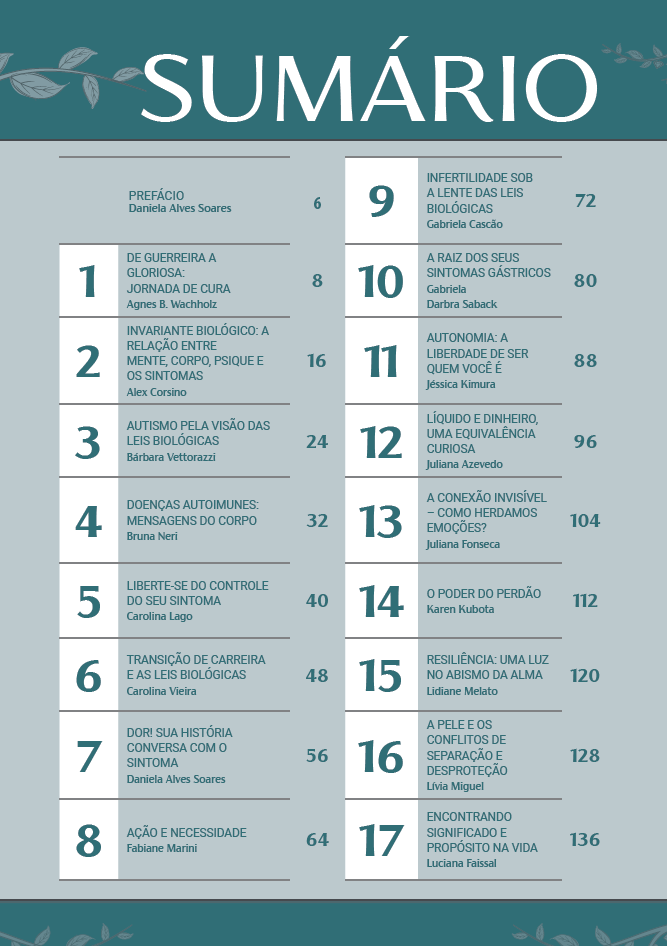 Sumário table of contents in Portuguese listing chapters on biological laws, health, and emotional well-being.