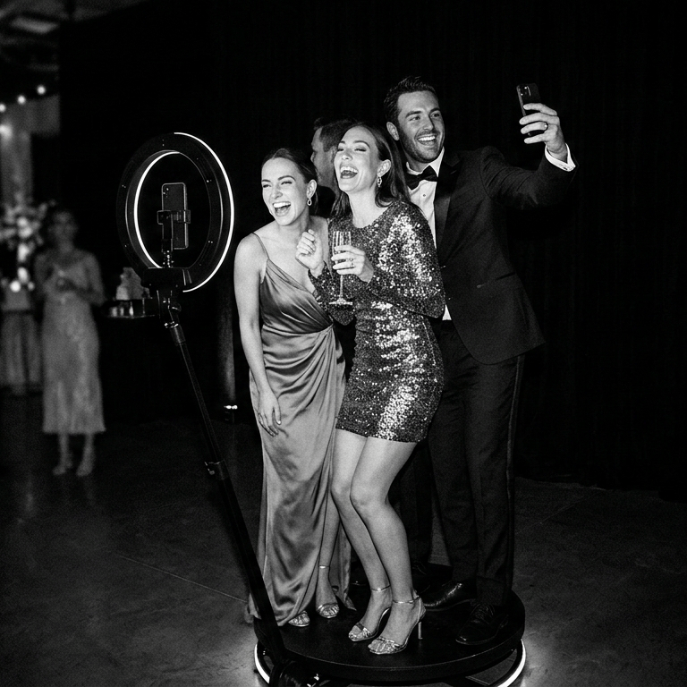 A group of happy wedding guests takes a video on a 360 photo booth at a formal event.