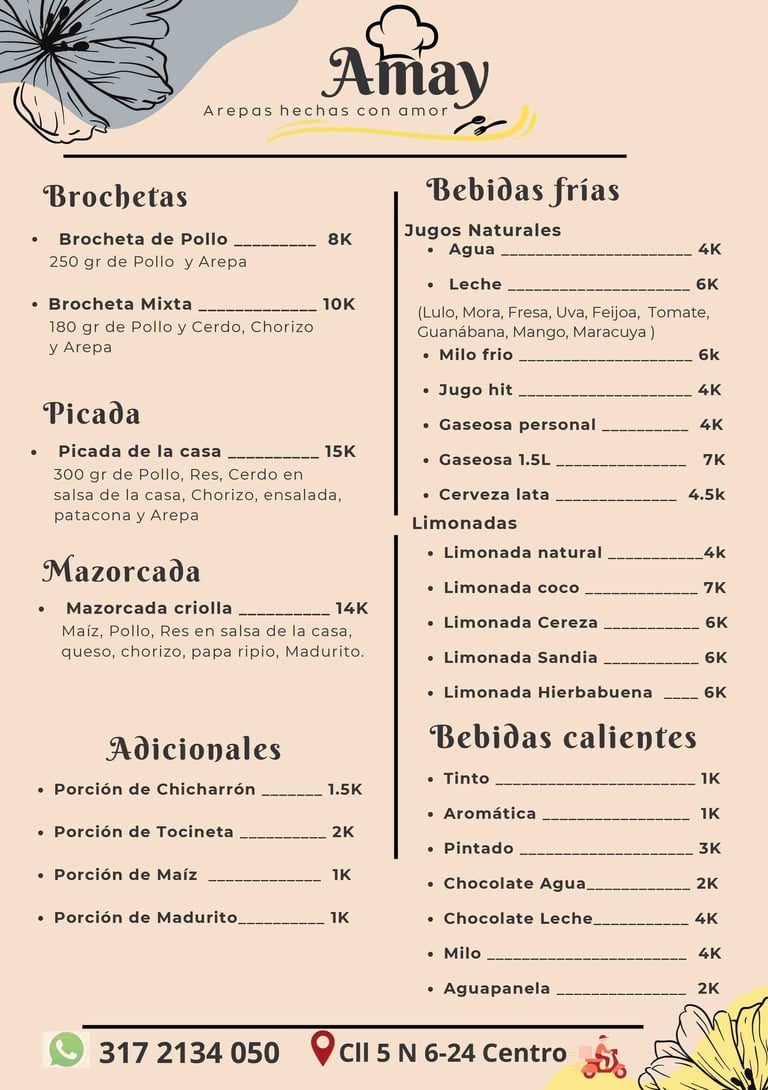 Menu Brochetas, picadas, mazorcada y bebidas en restaurante Amay  en Cajamarca