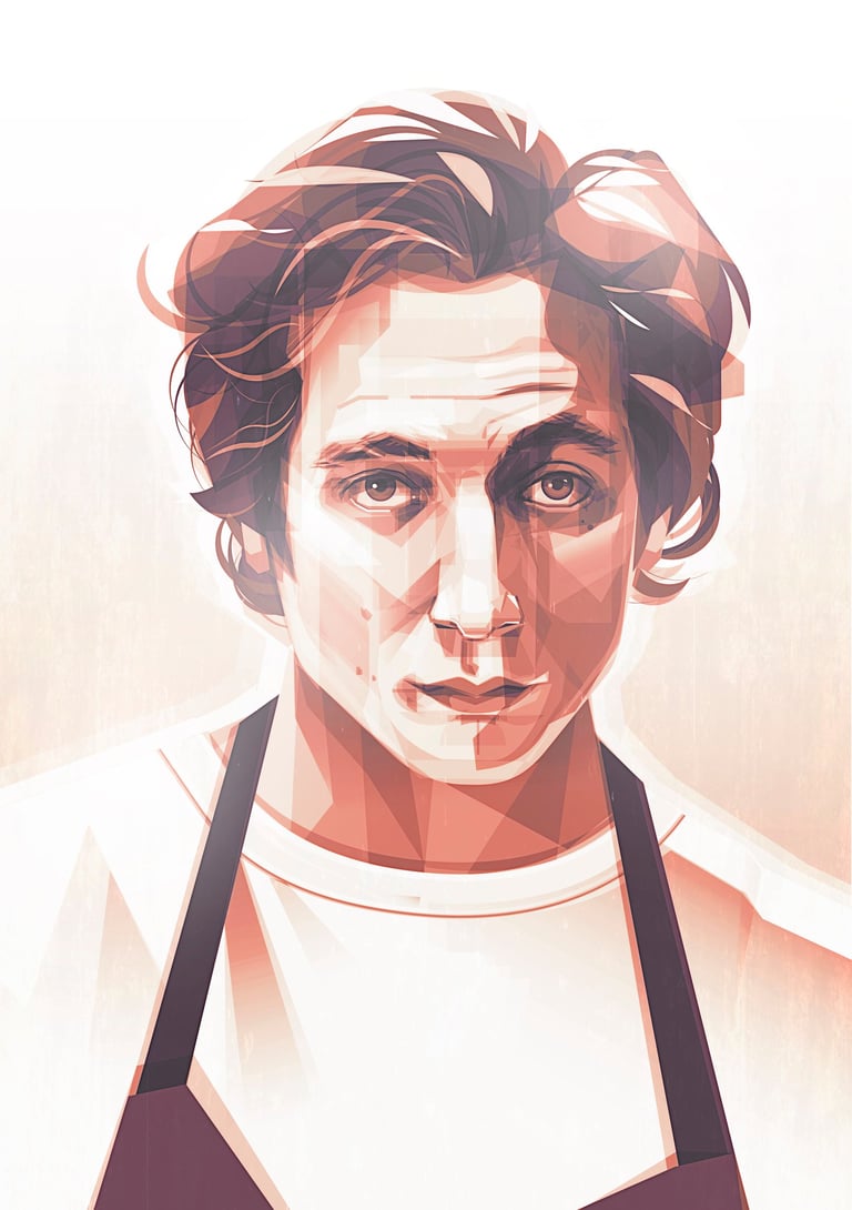 Esta obra es un retrato ilustrado del actor Jeremy Allen White, conocido por su intensidad emocional