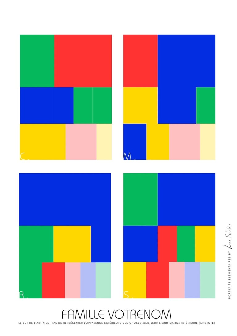Exemple de portrait de famille ou groupe élémentaire. Design "Théo" avec 4 personnes représentées