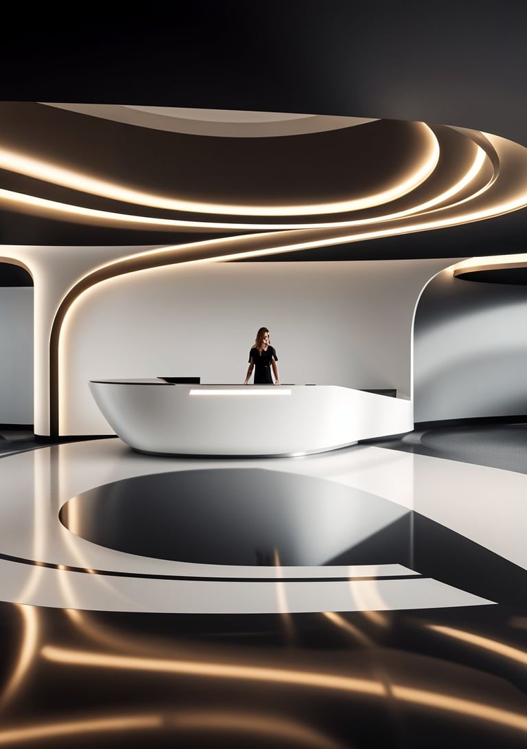 Luxury residential lobby architecture with sculptural lighting and flowing interior forms in Dubai M